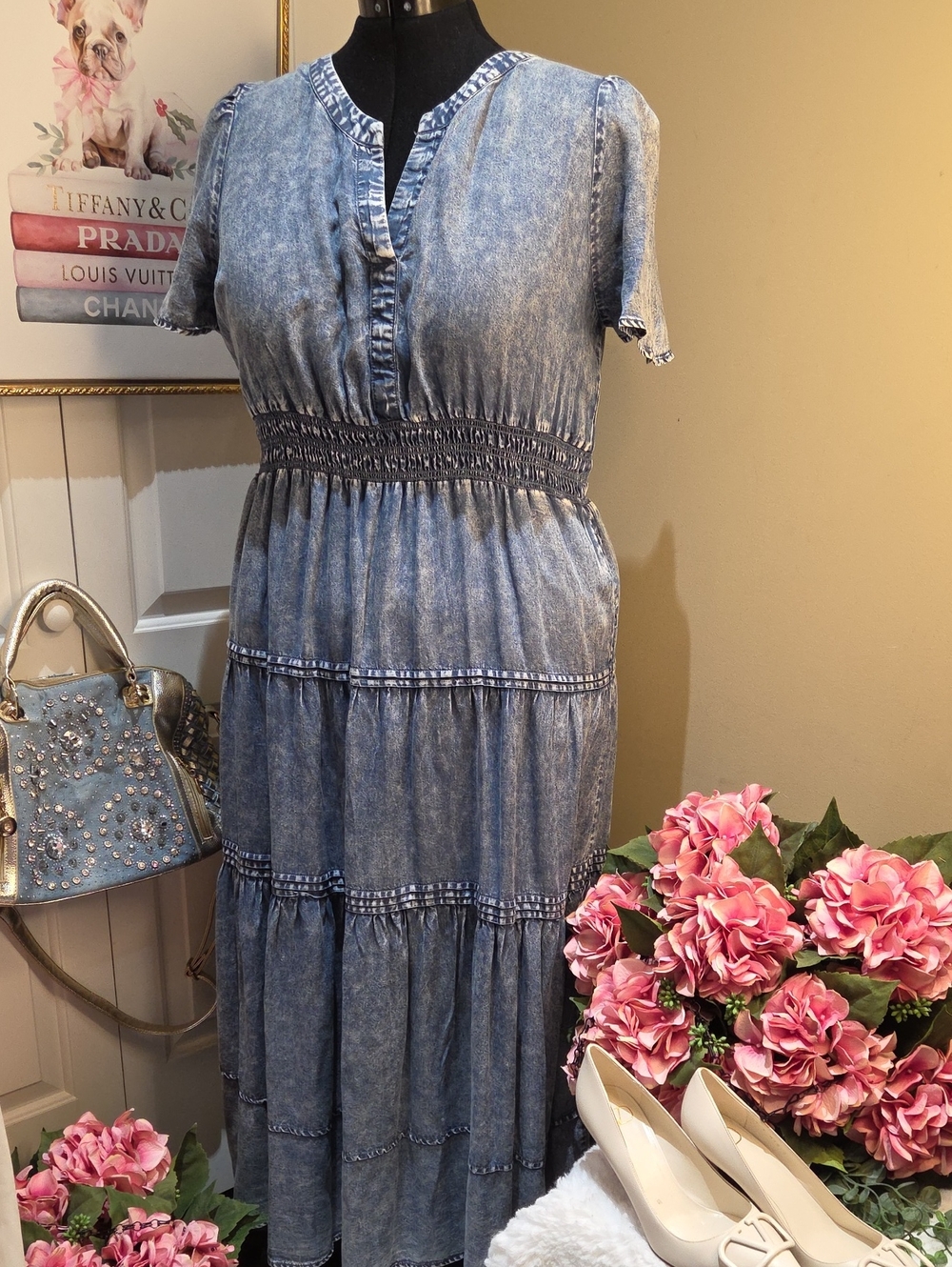 Nwt XL Jane and Delancey Washed Blue Tiered Maxi Dress
